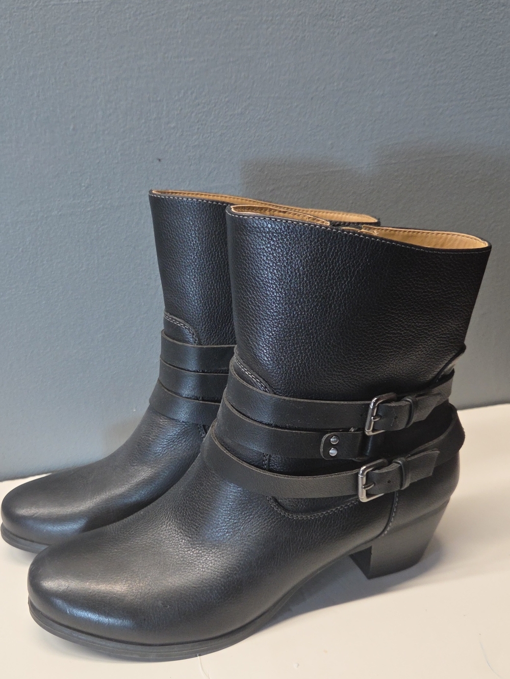 Naturalizer Black Leather Mid-Calf Buckle Heeled Boots